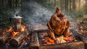 مرغ کامل کبابی در دل جنگل با قهوه آتشی