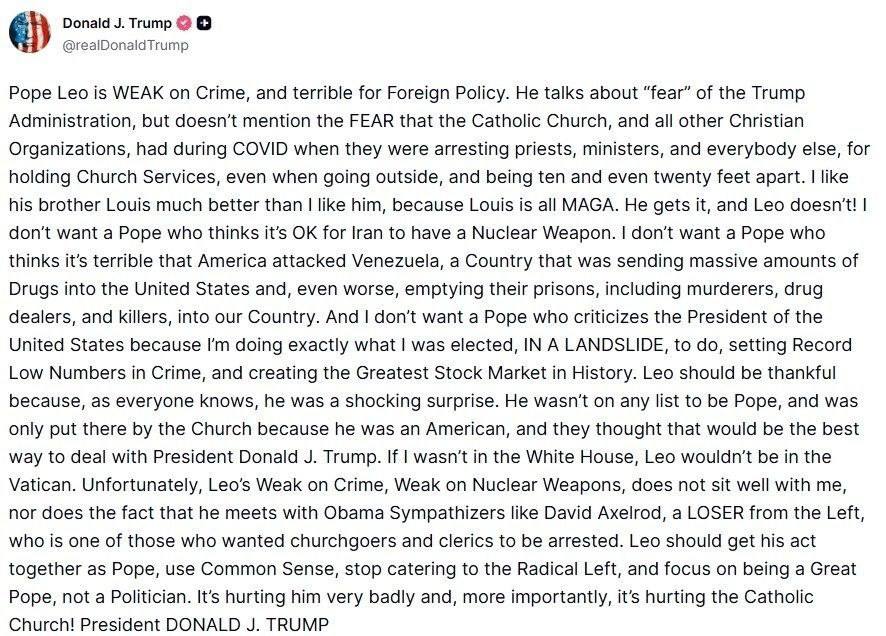 حمله ترامپ به پاپ به دلیل انتقاد از جنگ ایران: پاپ باید خودش را جمع‌وجور کند / اگر من رئیس‌جمهور نمی‌شدم او در واتیکان نبود