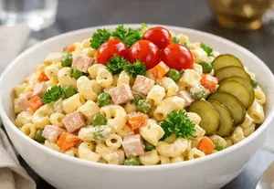 طرز تهیه سالاد ماکارونی مجلسی با ژامبون و سس مخصوص