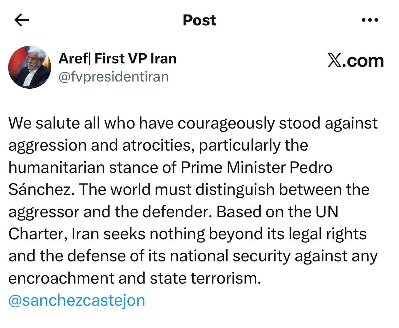 تقدیر معاون اول رئیس‌جمهور از مواضع نخست‌وزیر اسپانیا در قبال تحولات منطقه