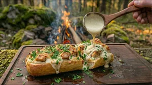 آشپزی در باران با ساندویچ مرغ آلفردو پنیری