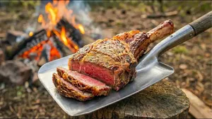 آشپزی در طبیعت با استیک تاماهاوک و بیل داغ