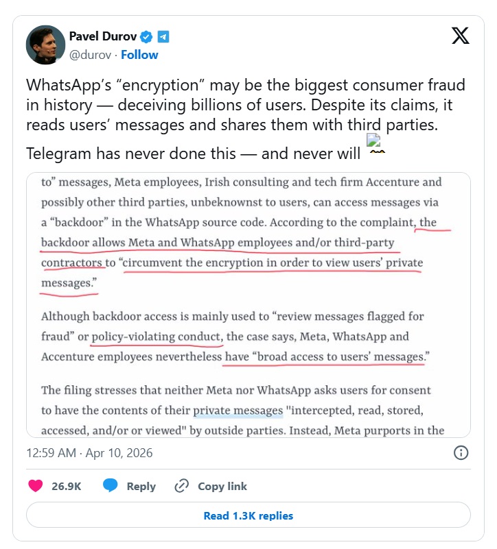 پیام پاول دورف درباره واتس اپ