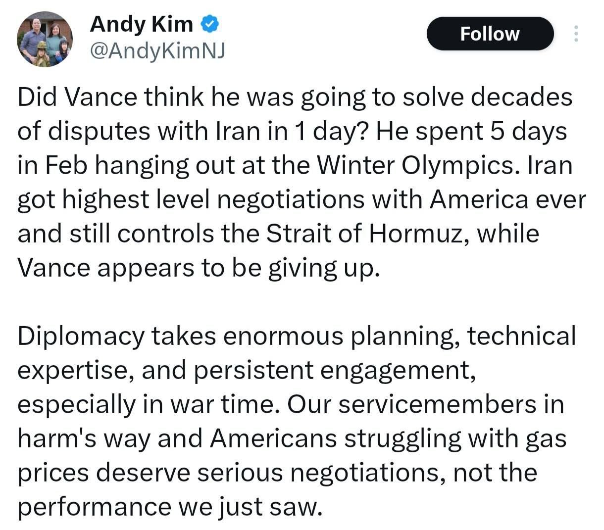 توئیت اندی کیم سناتور آمریکایی